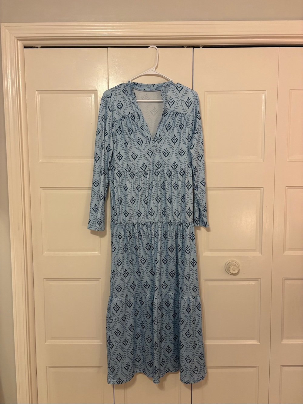 Light Blue Printed Maxi Dress with Long Sleeves